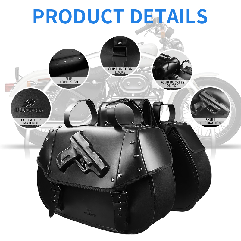 Leather Strap Quick Release - 34L Universelle Motorrad PU-Leder Satteltaschen, Punk-Gewehr-Muster